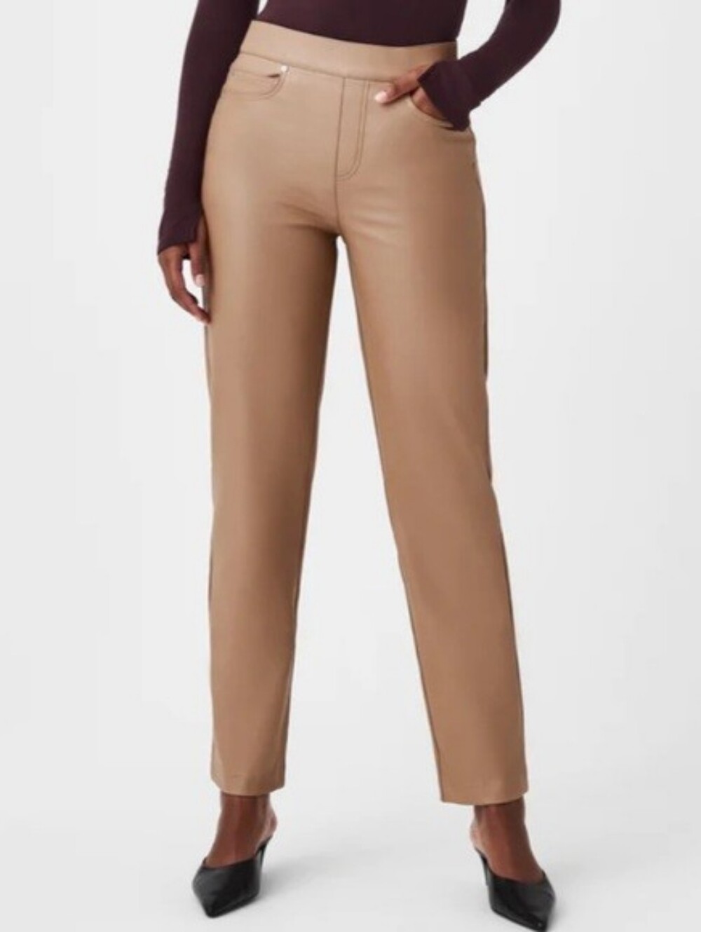 Spanx Leather-Like Straight Leg Pants toffee tan brown faux leather size XL NEW
